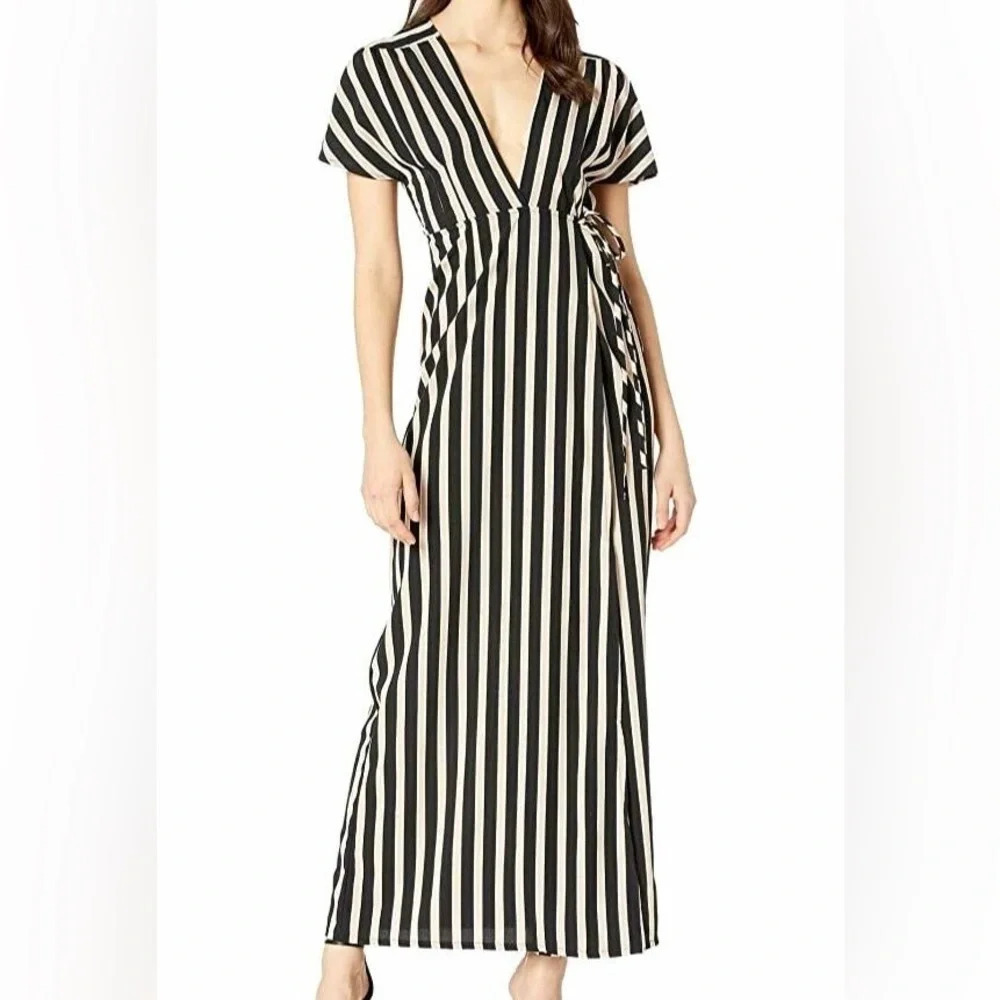 Amuse Society Black Tan Striped V-Neck Fit To Be Tied True Wrap Dress Size S